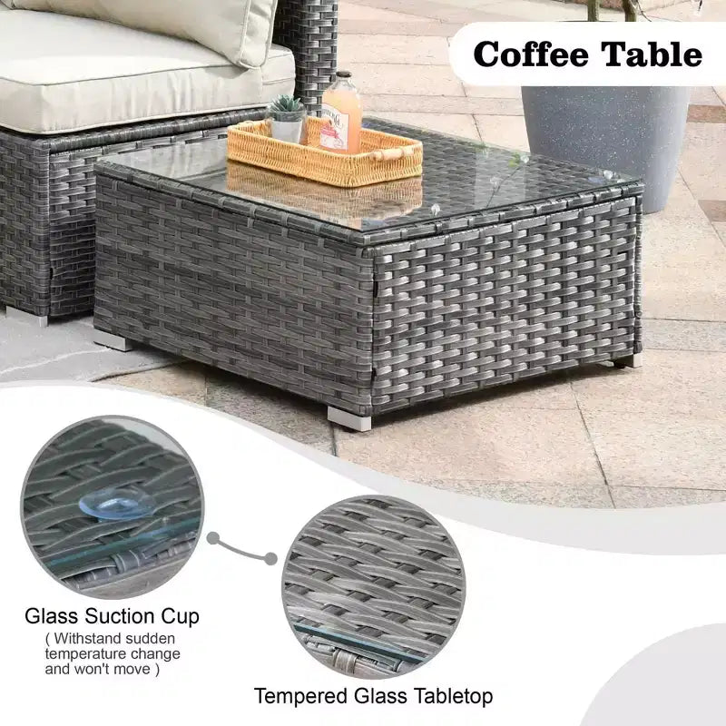 Ensemble de meubles de patio extérieur en osier 8 pièces Ovios Venice avec canapé conversationnel, foyer de rangement et coussins