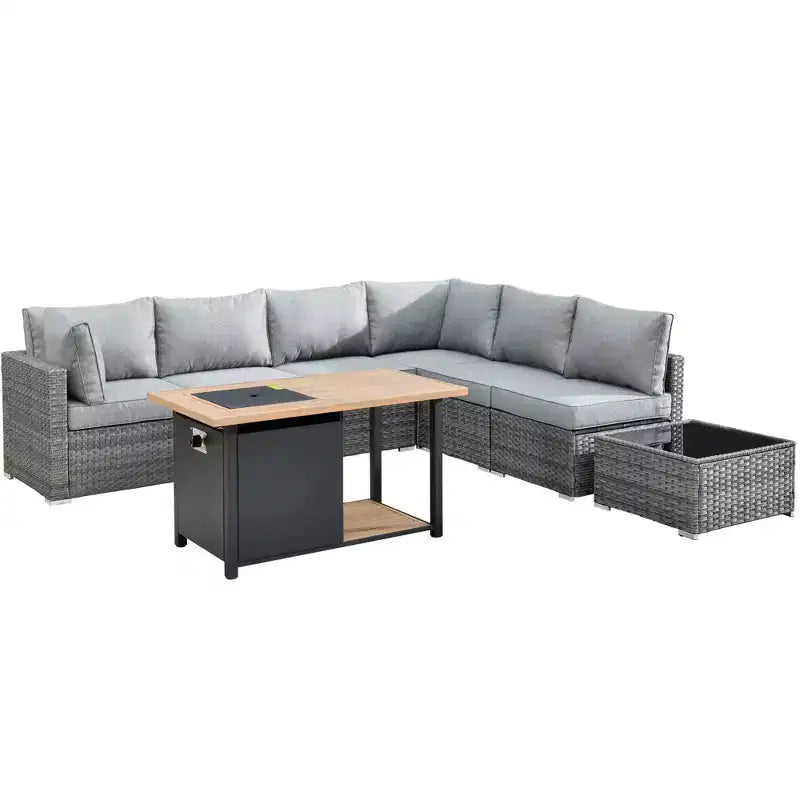 Ensemble de meubles de patio extérieur en osier 8 pièces Ovios Venice avec canapé conversationnel, foyer de rangement et coussins