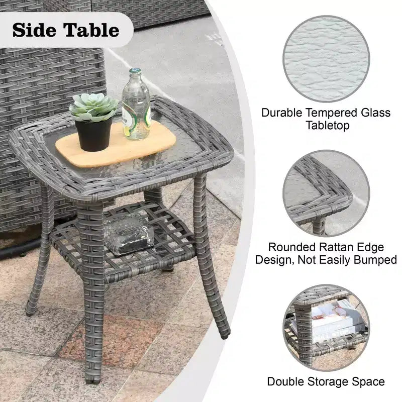 Ensemble de meubles de patio d'extérieur en osier Ovios Venice 9 pièces avec foyer en métal, fauteuils pivotants et coussins