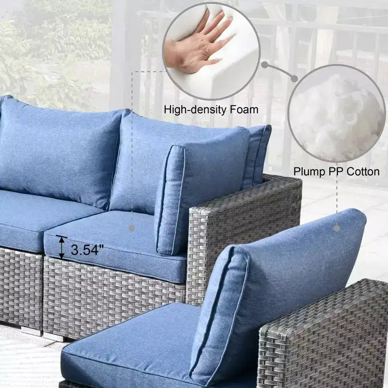 Ensemble de meubles de patio d'extérieur en osier Ovios Venice 9 pièces avec foyer en métal, fauteuils pivotants et coussins