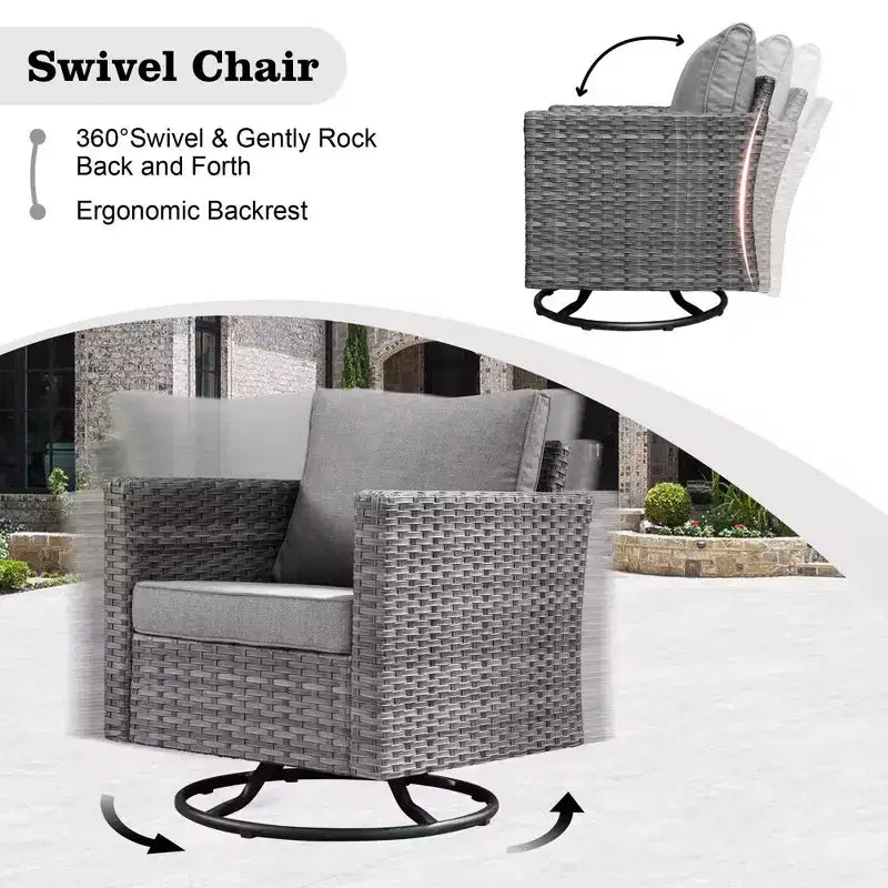 Ensemble de meubles de patio d'extérieur en osier Ovios Venice 9 pièces avec foyer en métal, fauteuils pivotants et coussins