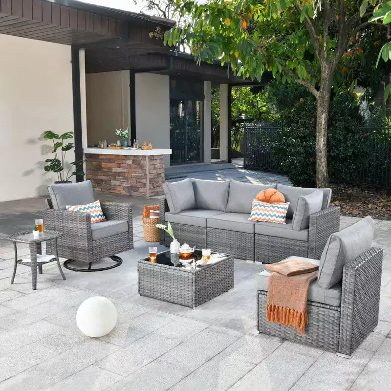 Ovios Venise Salon de jardin 7 pièces en osier avec sectionnel de canapé de conversation, chaise pivotante et coussins