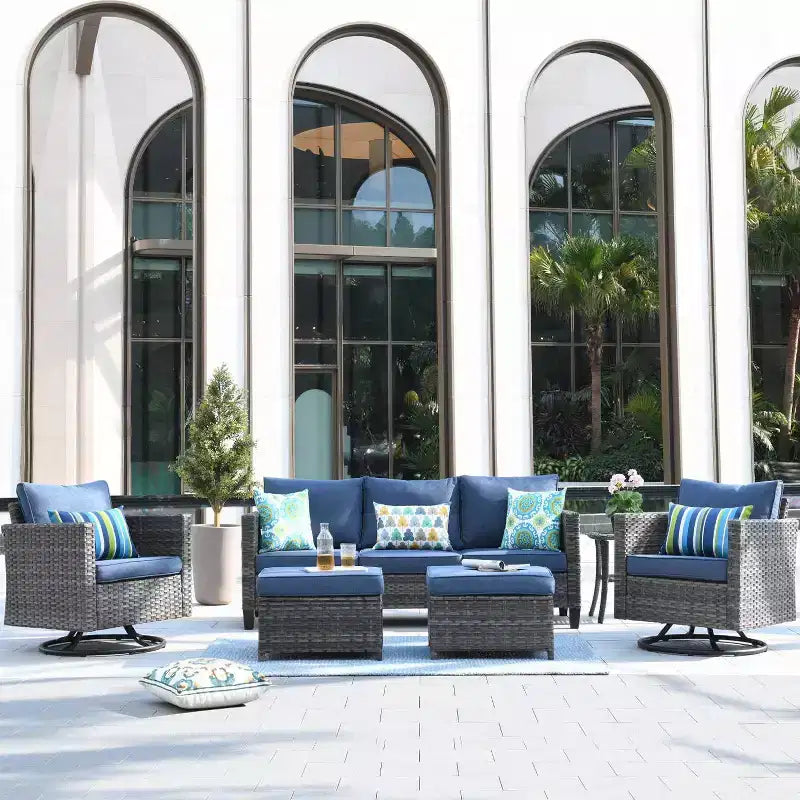 Ovios Tampa Ensemble de conversation de 6 meubles de patio extérieur en osier avec canapé et fauteuils pivotants et coussins