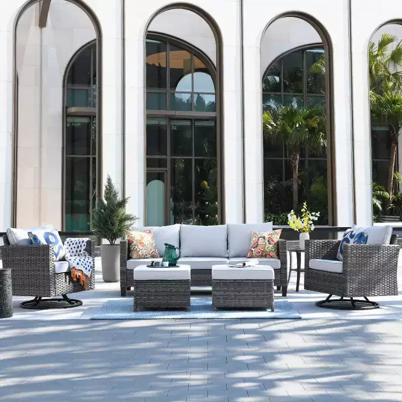 Ovios Tampa Ensemble de conversation de 6 meubles de patio extérieur en osier avec canapé et fauteuils pivotants et coussins