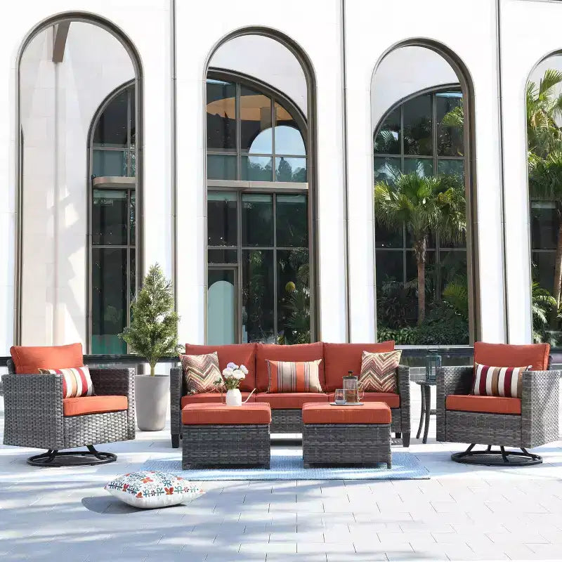 Ovios Tampa Ensemble de conversation de 6 meubles de patio extérieur en osier avec canapé et fauteuils pivotants et coussins