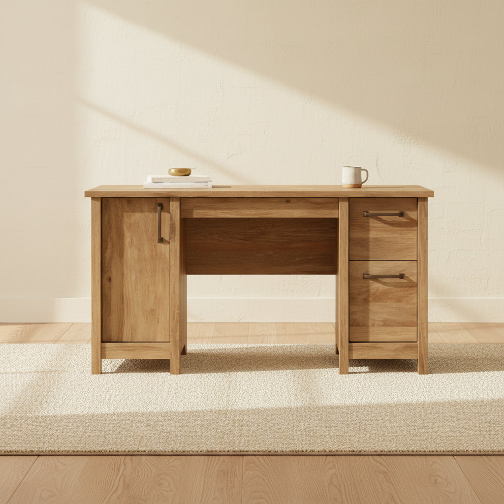 Alfie 53.15 Office Desk with 2-Drawers & Cabinet- Light Brown