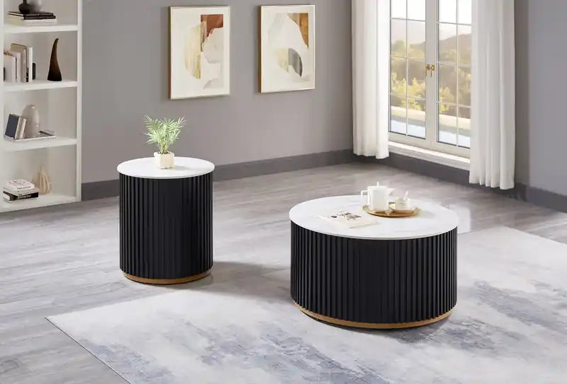 Table d'appoint ronde moderne avec plateau en pierre frittée blanche - Noir et Or