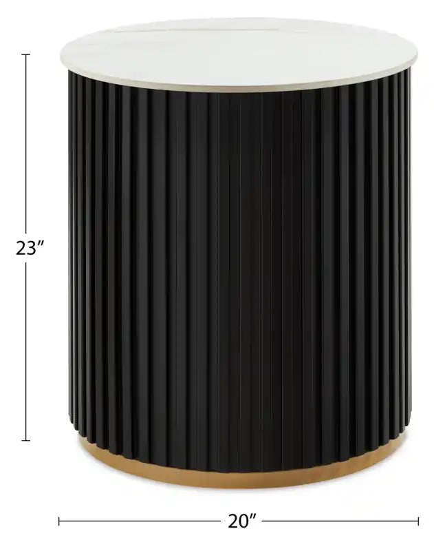 Table d'appoint ronde moderne avec plateau en pierre frittée blanche - Noir et Or