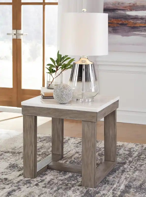Table d'appoint moderne 24 po - Dessus en marbre avec base en bois gris brun