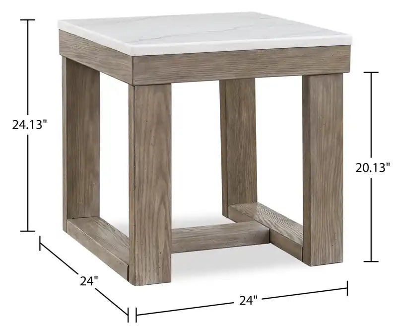 Table d'appoint moderne 24 po - Dessus en marbre avec base en bois gris brun