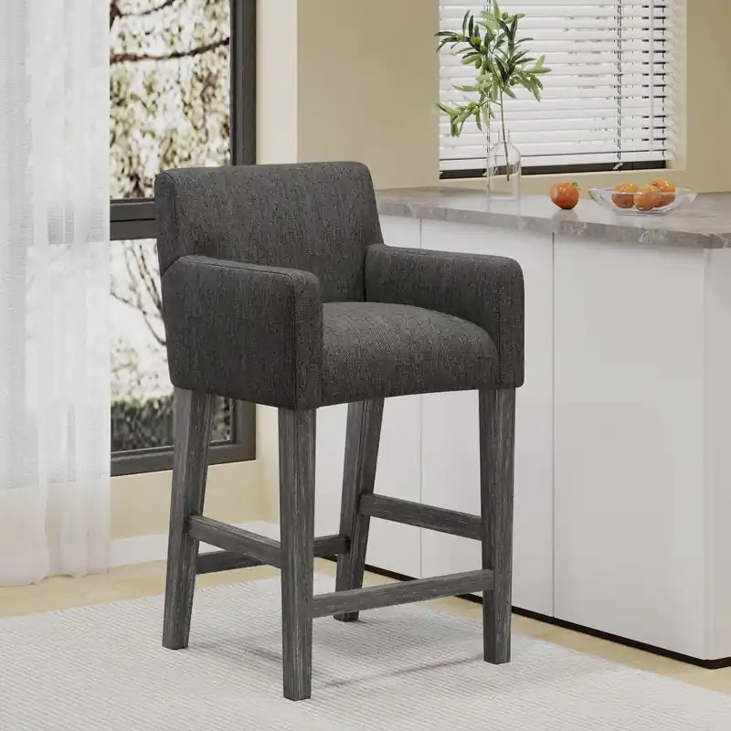 Tabouret de comptoir de 66 cm avec siège en tissu rembourré et pieds en bois massif