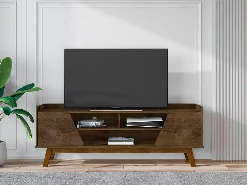 Meuble TV Mid-Century Modern 62,99 po avec pieds en bois massif - Brun rustique