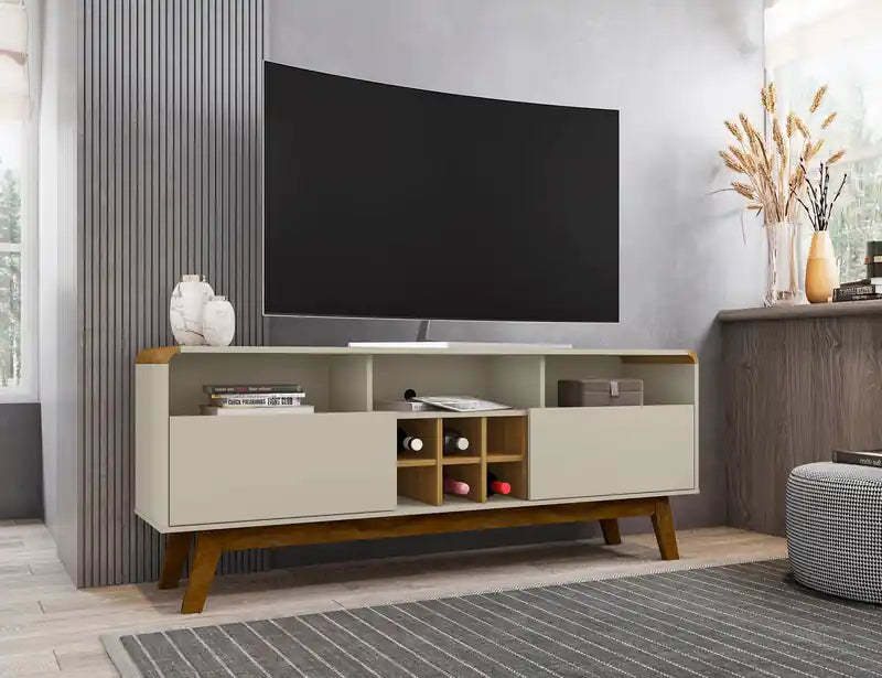 Meuble TV 62.99 avec 5 étagères et rangement à vin - Blanc cassé et Cannelle