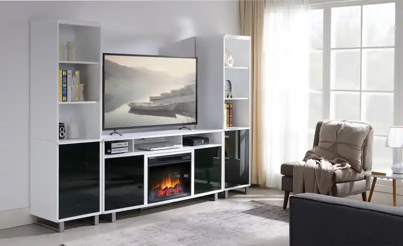 Meuble TV moderne Ignatius avec foyer électrique et rangement pour téléviseurs jusqu'à 70 pouces - Blanc