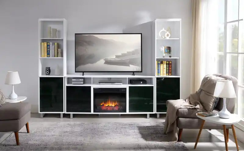 Meuble TV moderne Ignatius avec foyer électrique et rangement pour téléviseurs jusqu'à 70 pouces - Blanc