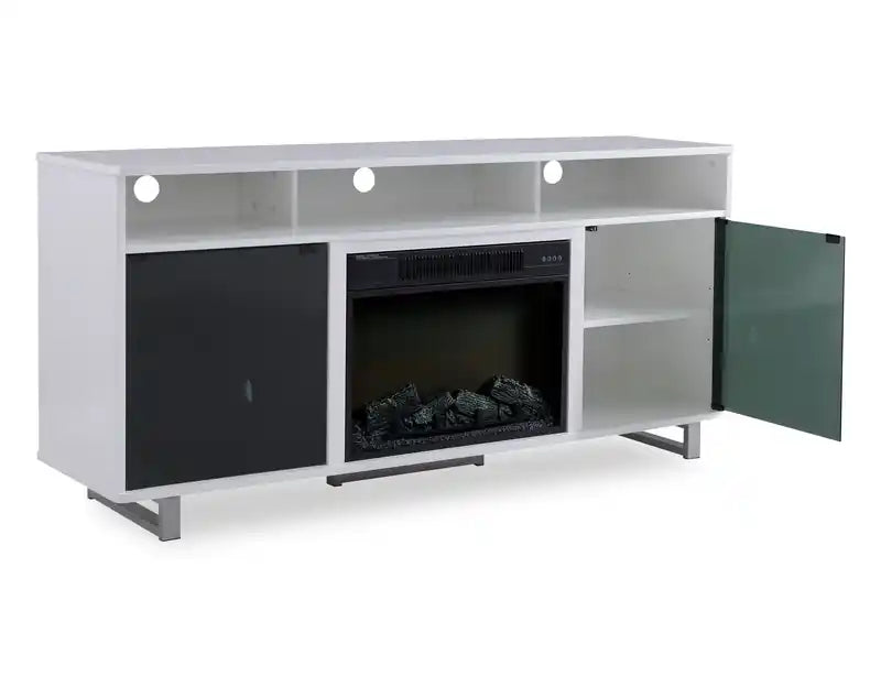 Meuble TV moderne Ignatius avec foyer électrique et rangement pour téléviseurs jusqu'à 70 pouces - Blanc