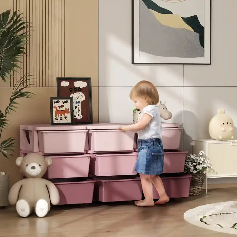 Meuble de rangement pour jouets d'enfants avec 9 bacs en plastique, commode à 3 tiroirs pour chambre d'enfant, crèche, maternelle, salon, pour garçons, filles, tout-petits
