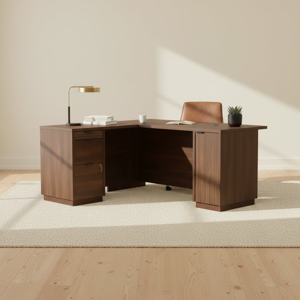 Palo Alto 59.13 Commercial Grade L-Shaped Office Desk with 3-Drawers & Cabinet