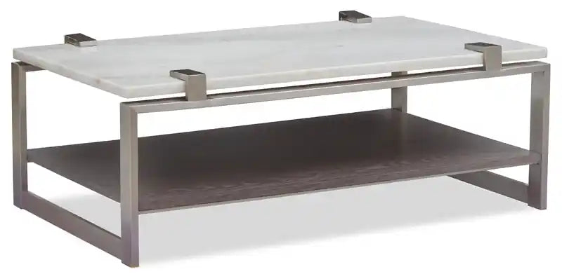 Paradox 48 Modern Coffee Table with Shelf - White Marble Top with Brushed Platinum Frame