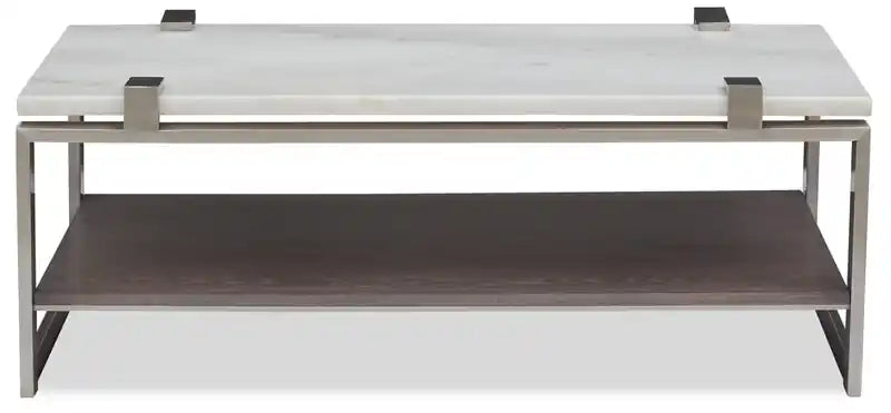 Table basse moderne de 48 pouces avec étagère – Plateau en marbre blanc avec cadre en platine brossé