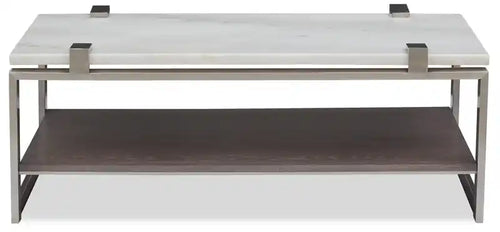 Table basse moderne de 48 pouces avec étagère – Plateau en marbre blanc avec cadre en platine brossé