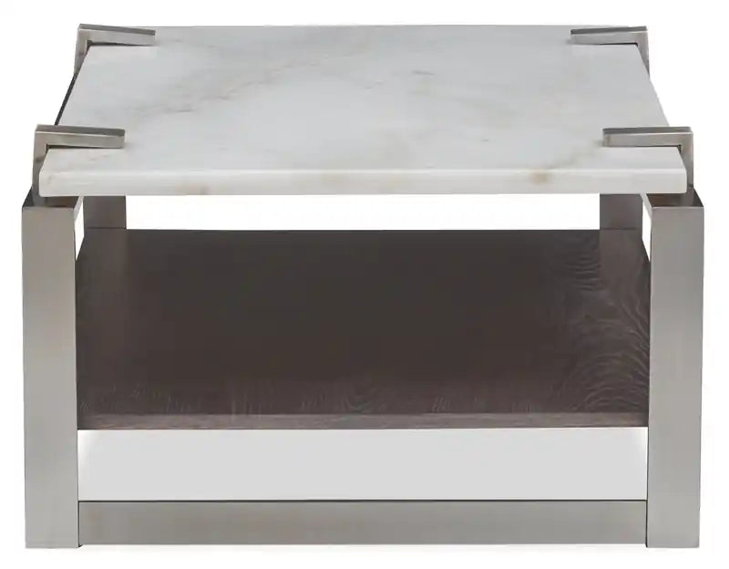 Table basse moderne de 48 pouces avec étagère – Plateau en marbre blanc avec cadre en platine brossé