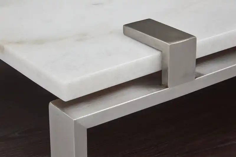 Table basse moderne de 48 pouces avec étagère – Plateau en marbre blanc avec cadre en platine brossé