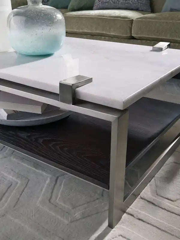 Table basse moderne de 48 pouces avec étagère – Plateau en marbre blanc avec cadre en platine brossé