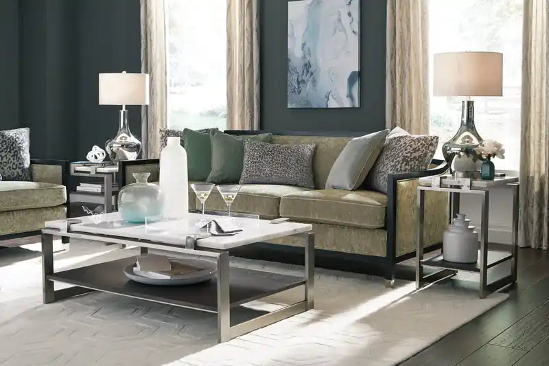 Table basse moderne de 48 pouces avec étagère – Plateau en marbre blanc avec cadre en platine brossé