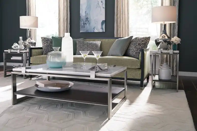 Table basse moderne de 48 pouces avec étagère – Plateau en marbre blanc avec cadre en platine brossé