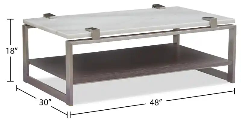 Table basse moderne de 48 pouces avec étagère – Plateau en marbre blanc avec cadre en platine brossé