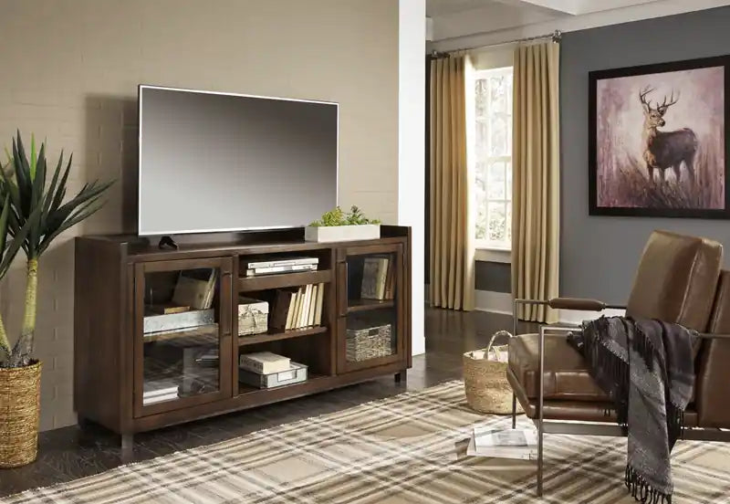 Meuble TV traditionnel de 70 po avec rangement et gestion des câbles pour téléviseurs jusqu'à 80 po - Brun