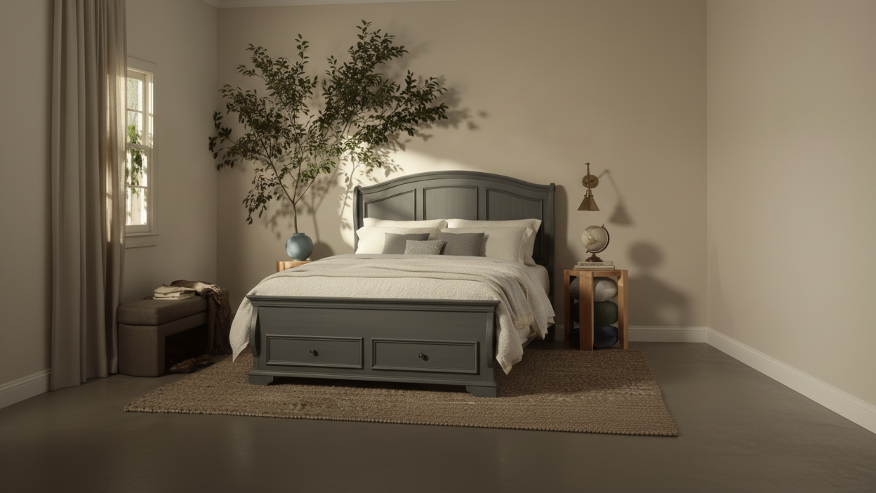 Wide bedroom shot 8 meters back